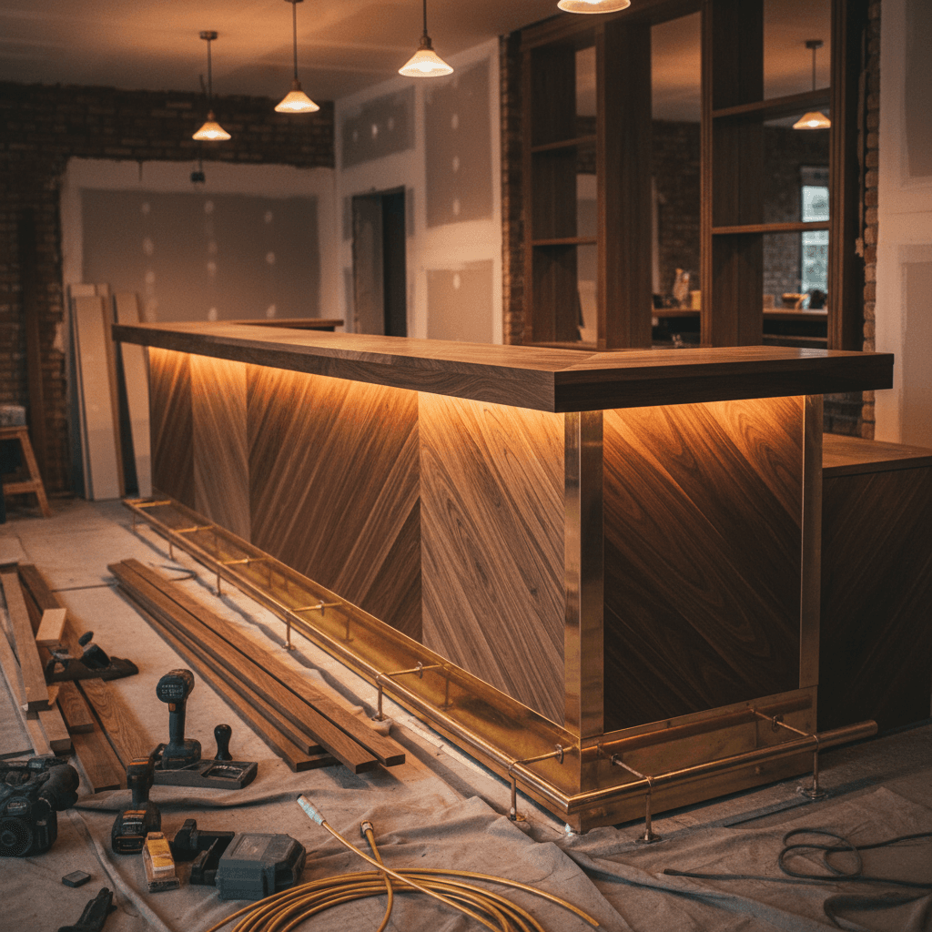 Custom bar counter during high-end lounge build-out