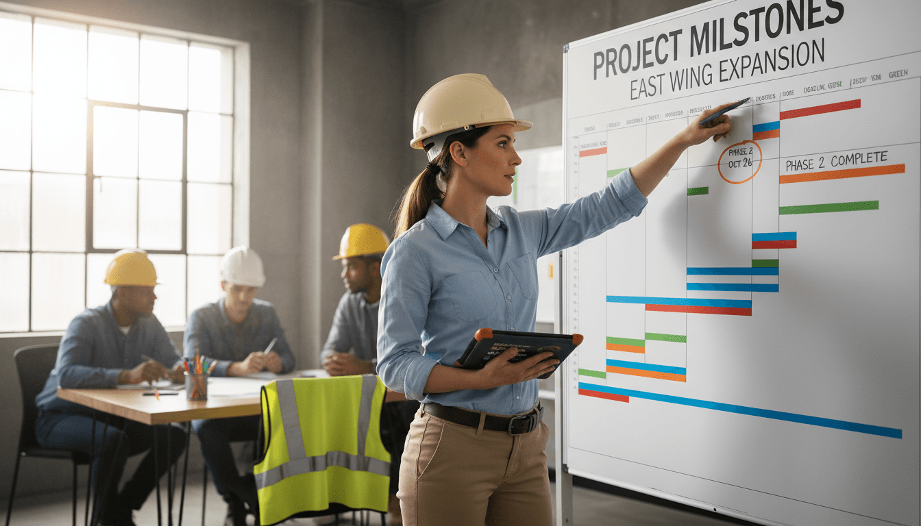 Project manager reviewing construction schedule and timeline with team coordination