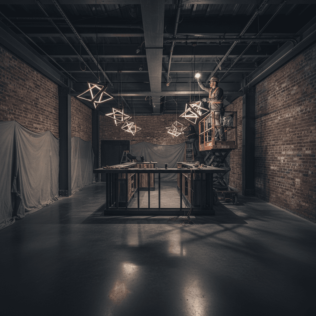 High-end lounge under construction with modern bar counter and lighting installation