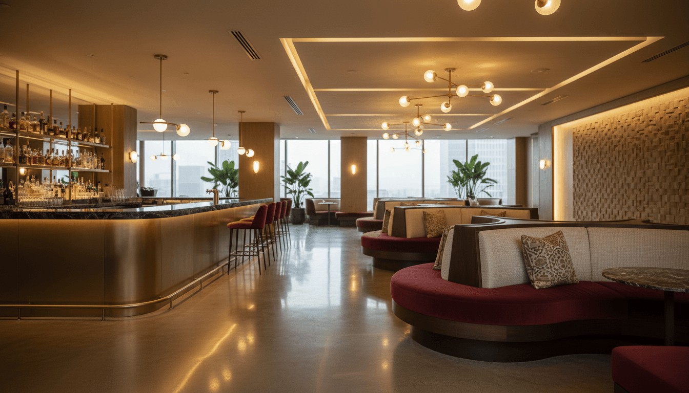 Luxury lounge interior with custom seating and ambient lighting