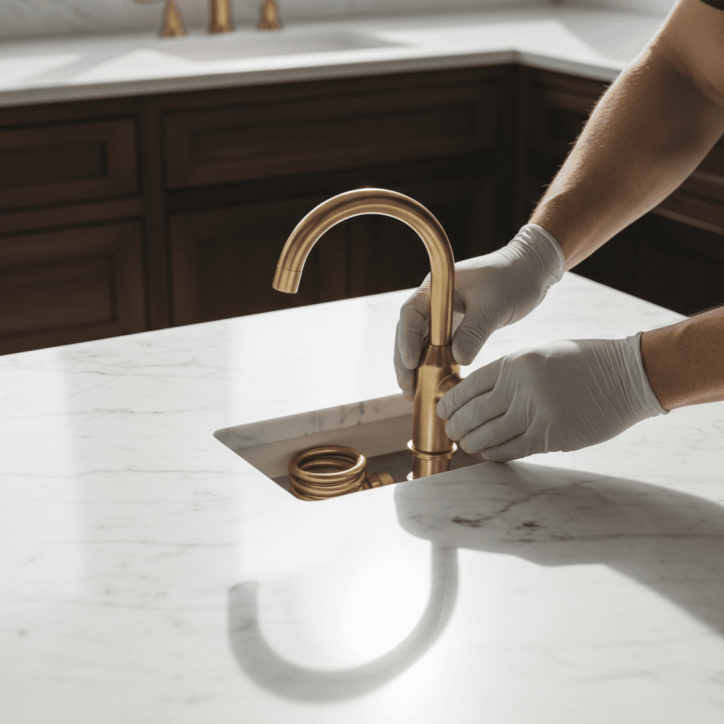 Detailed view of marble countertop and luxury fixture installation