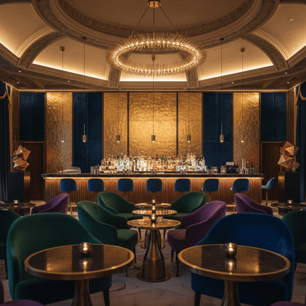 High-end lounge interior with ambient lighting and finished bar area