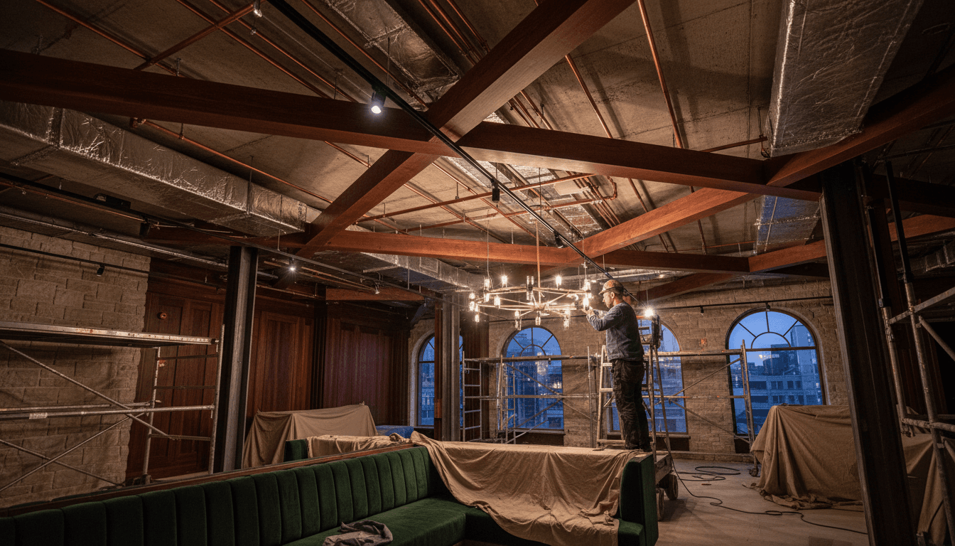 Interior construction of a high-end commercial lounge space showing skilled craftsmanship and attention to detail