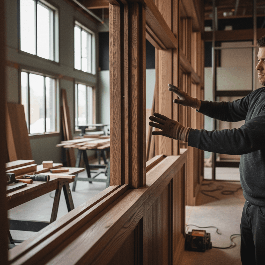 Custom wood paneling and millwork installation in commercial interior