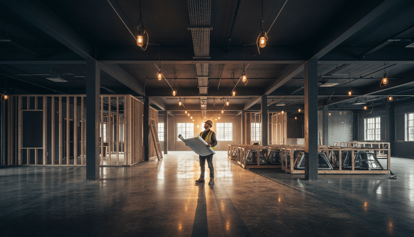 Professional contractor reviewing construction progress on a high-end commercial lounge build-out