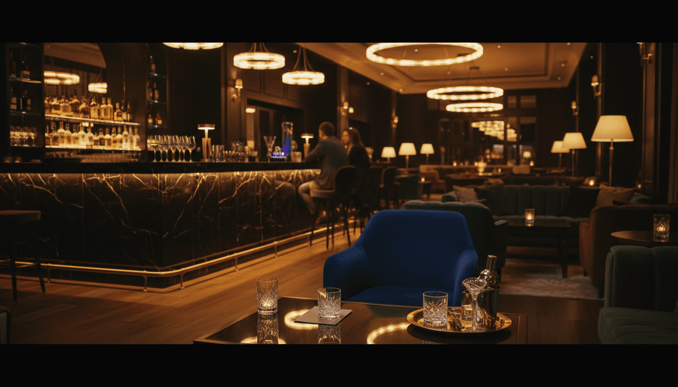 Luxury lounge interior with elegant bar counter and ambient lighting