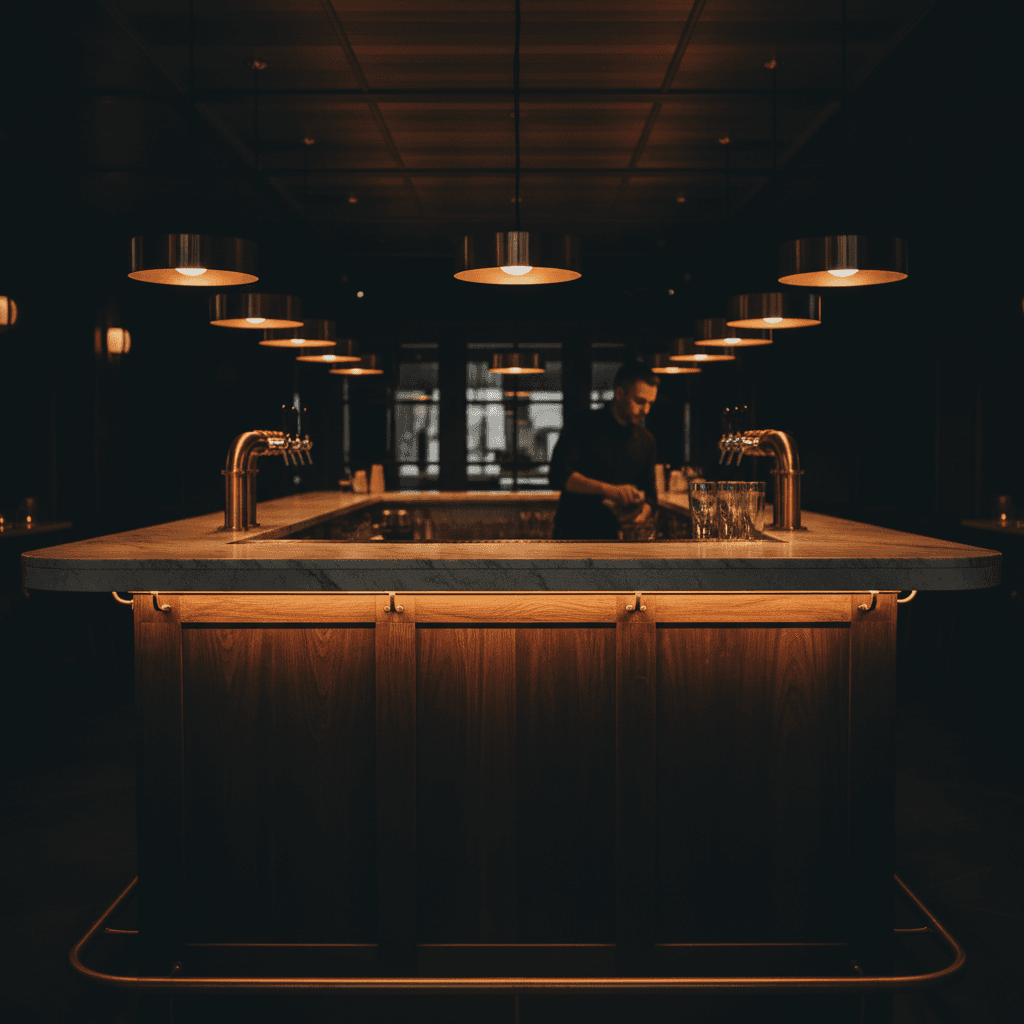 Luxury lounge bar with marble countertop and brass fixtures