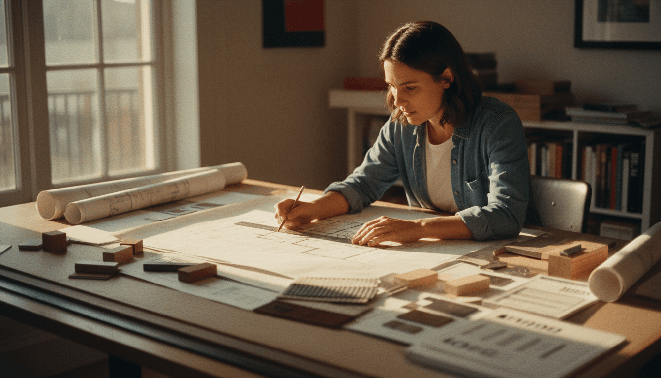 Designer reviewing detailed construction blueprints and material samples at planning stage
