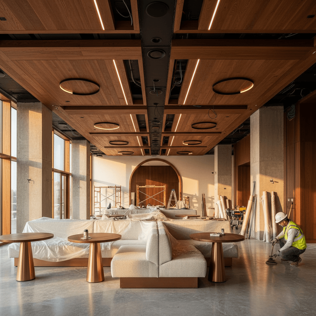 Contemporary lounge interior space with custom ceiling and seating
