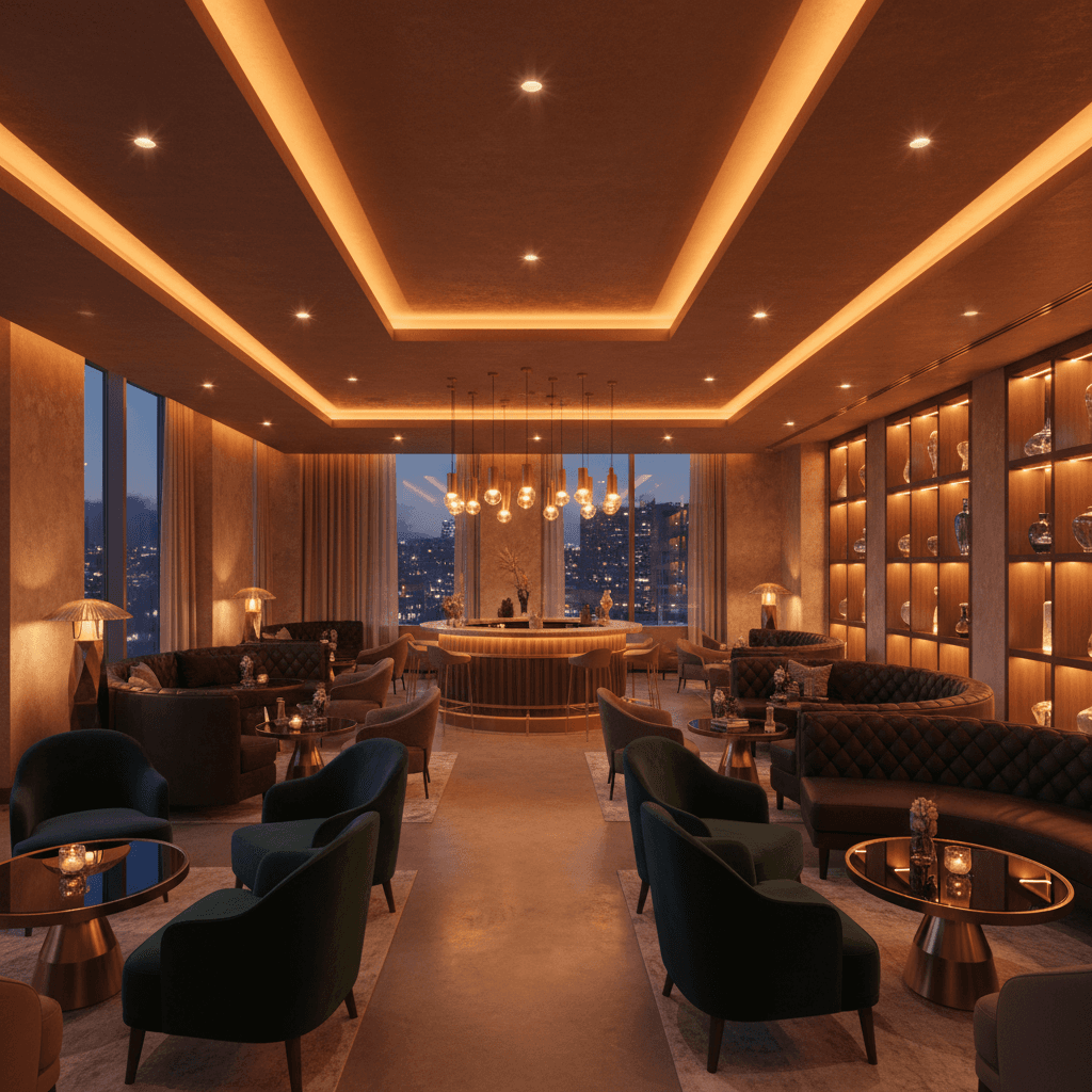 Completed commercial lounge space with professional mood lighting and finished design