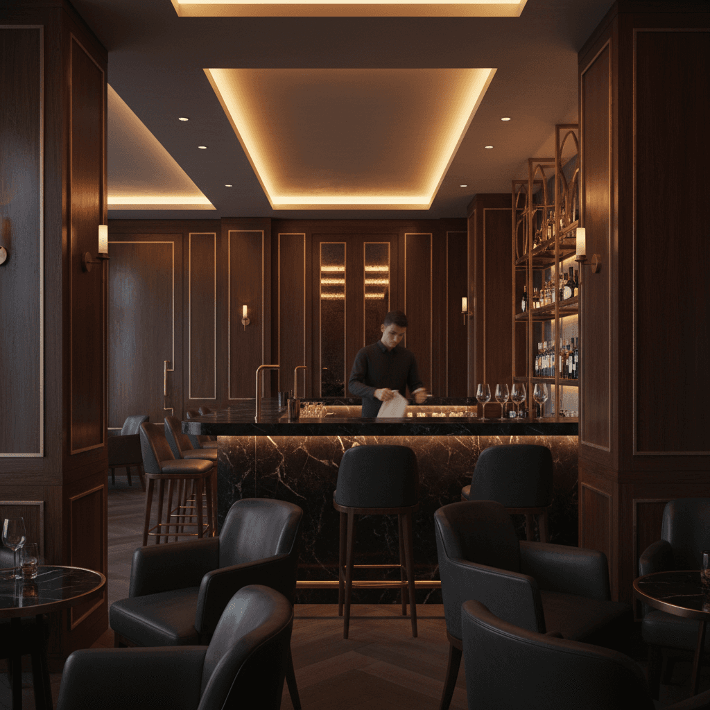 Luxury lounge interior with dark wood and ambient lighting