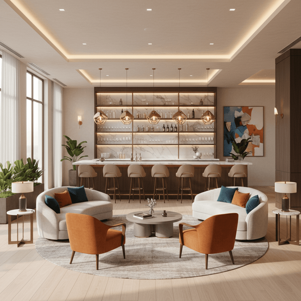 Completed upscale lounge interior with modern furnishings and ambient lighting