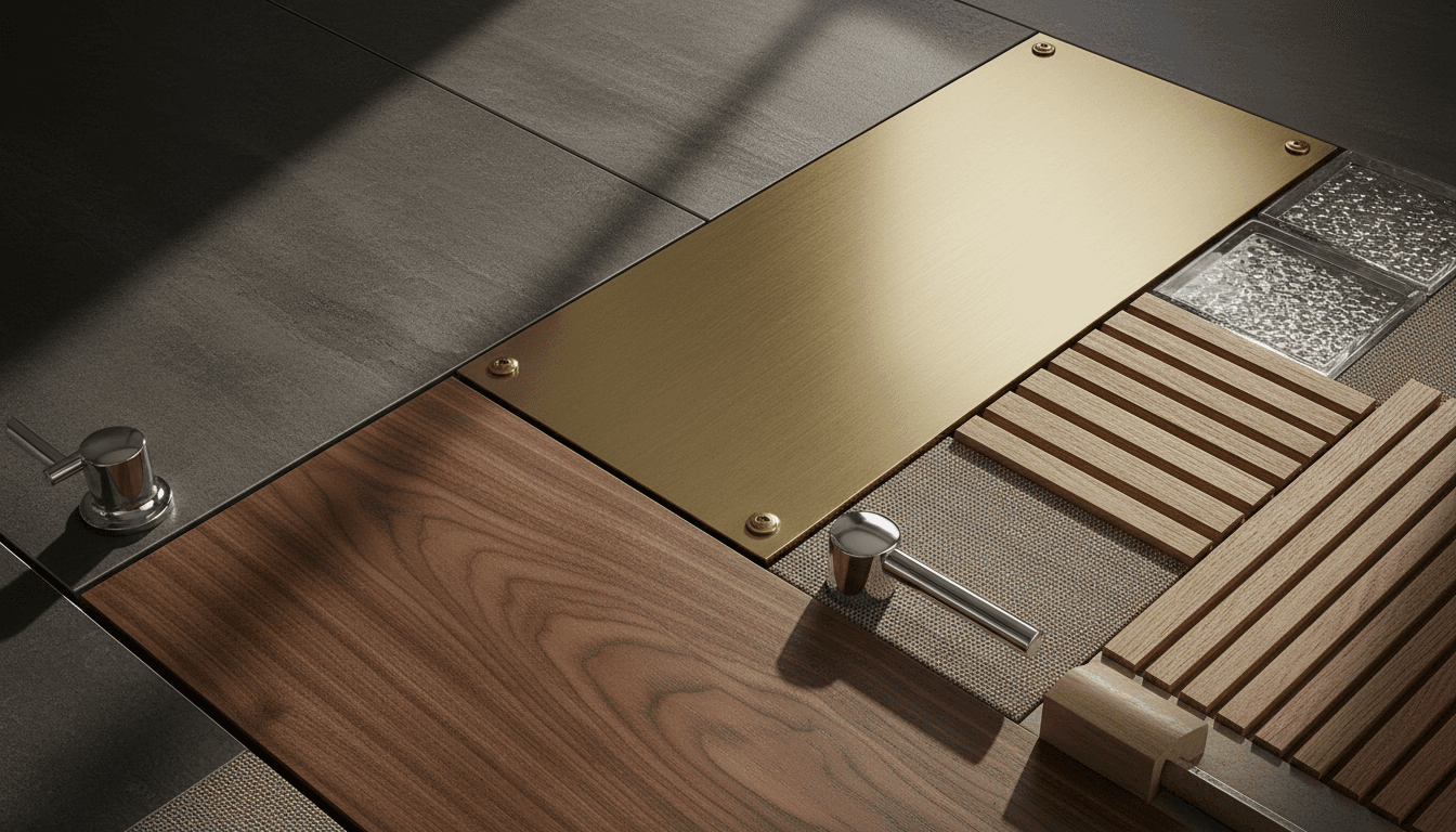 Close-up detail of premium construction materials including tile, metal fixtures, and wood finishes for high-end lounge build-out
