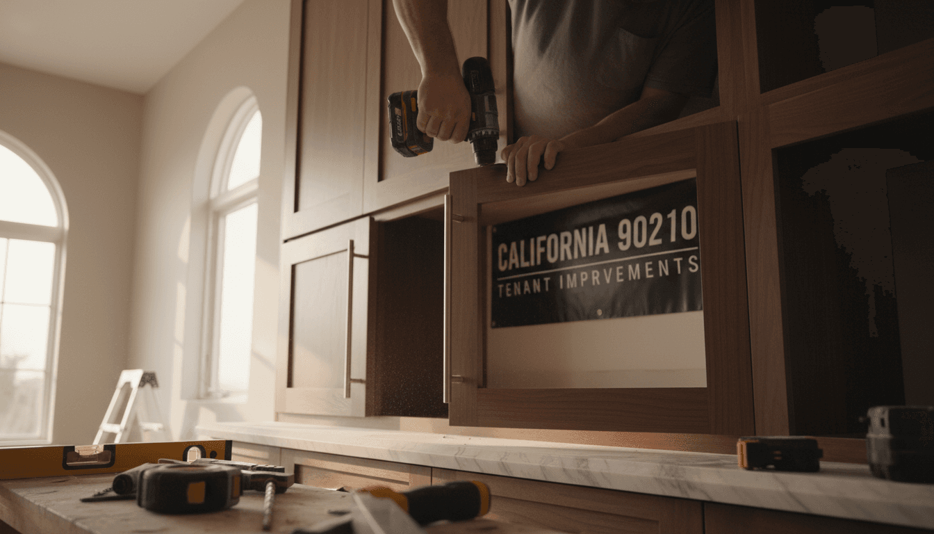 Worker installing custom cabinetry during commercial build-out