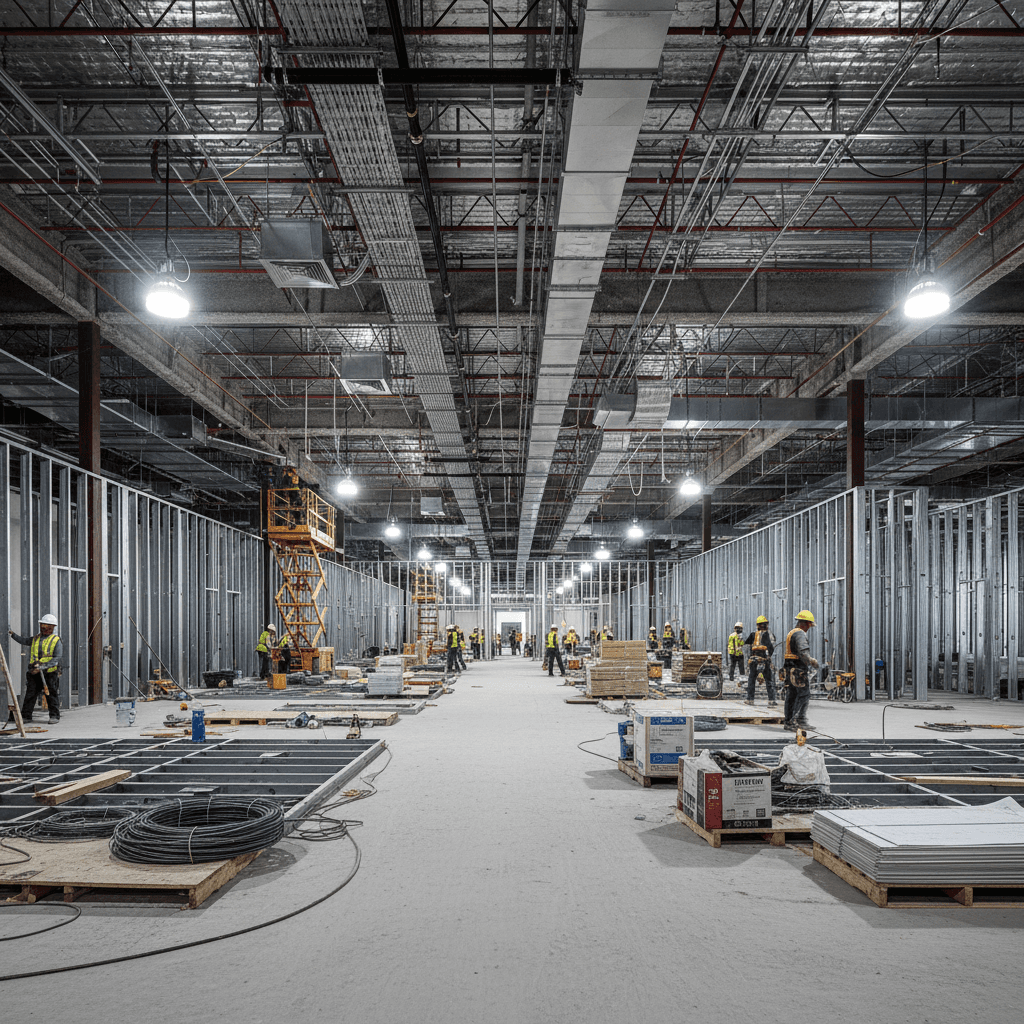 Large commercial space showing coordinated MEP and structural installation