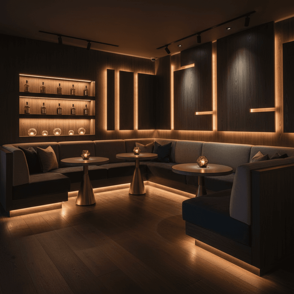 Lounge seating area with custom banquettes and mood lighting