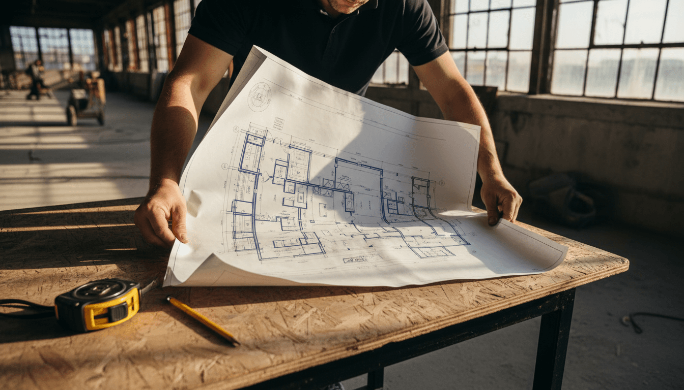 Contractor reviewing construction blueprints on site