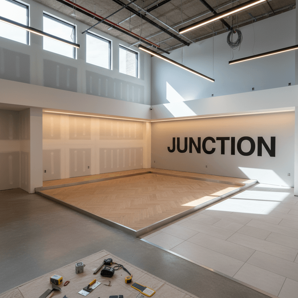 Overview of completed commercial space showing design integration