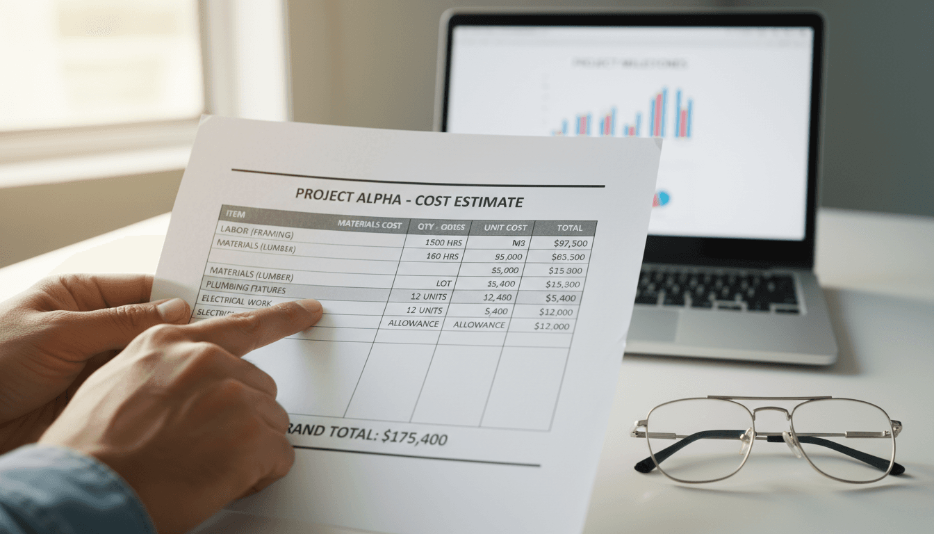 Contractor reviewing detailed project budget and cost estimate documentation