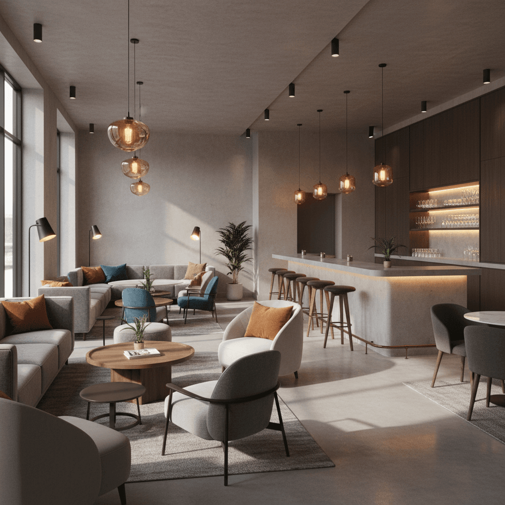 Completed high-end lounge interior with full design implementation