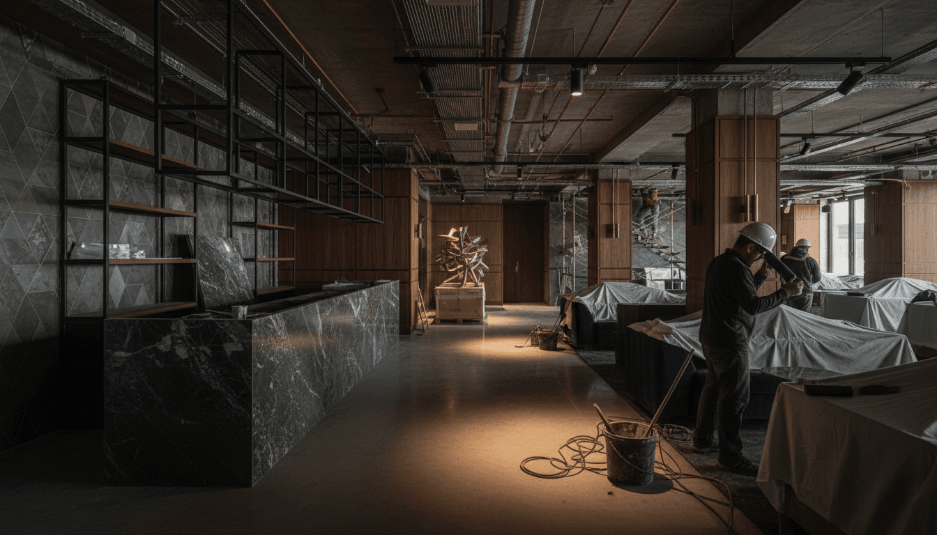 High-end lounge interior during commercial build-out showing polished floors, professional lighting installation, and modern design elements