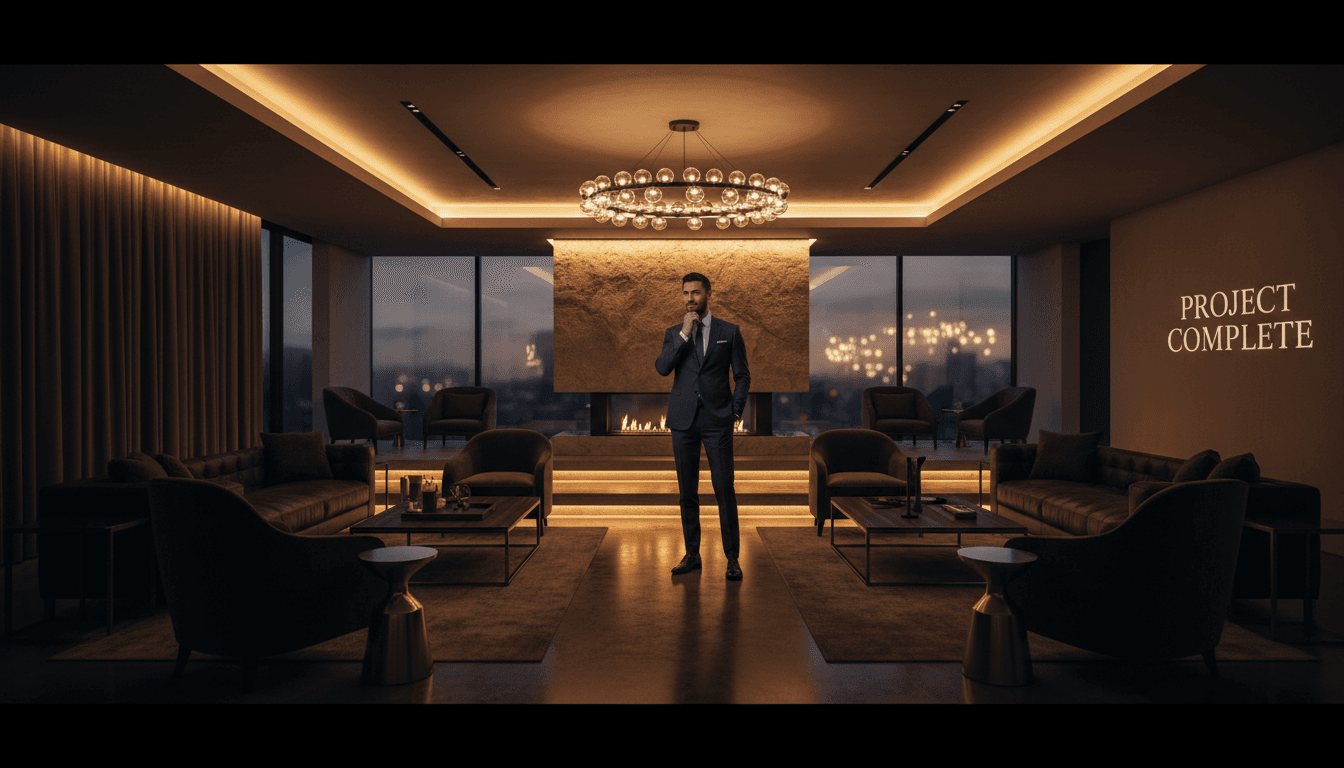 Completed high-end lounge interior with contractor surveying the finished project