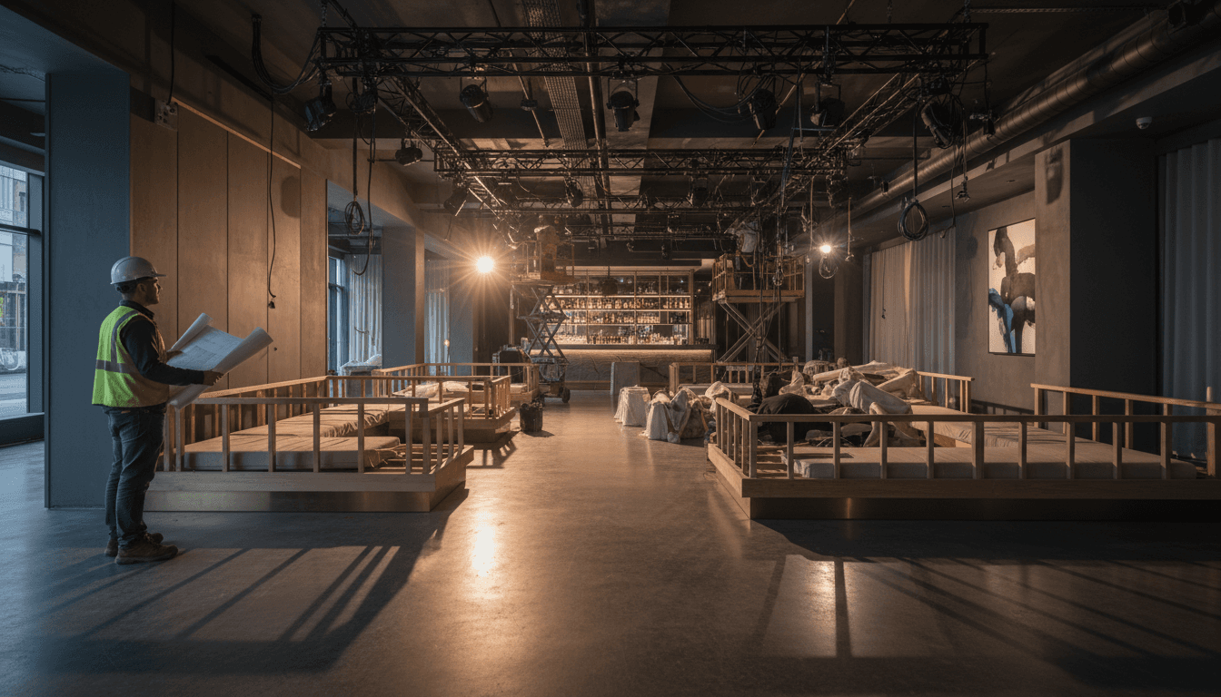 Commercial lounge interior during high-end build-out construction