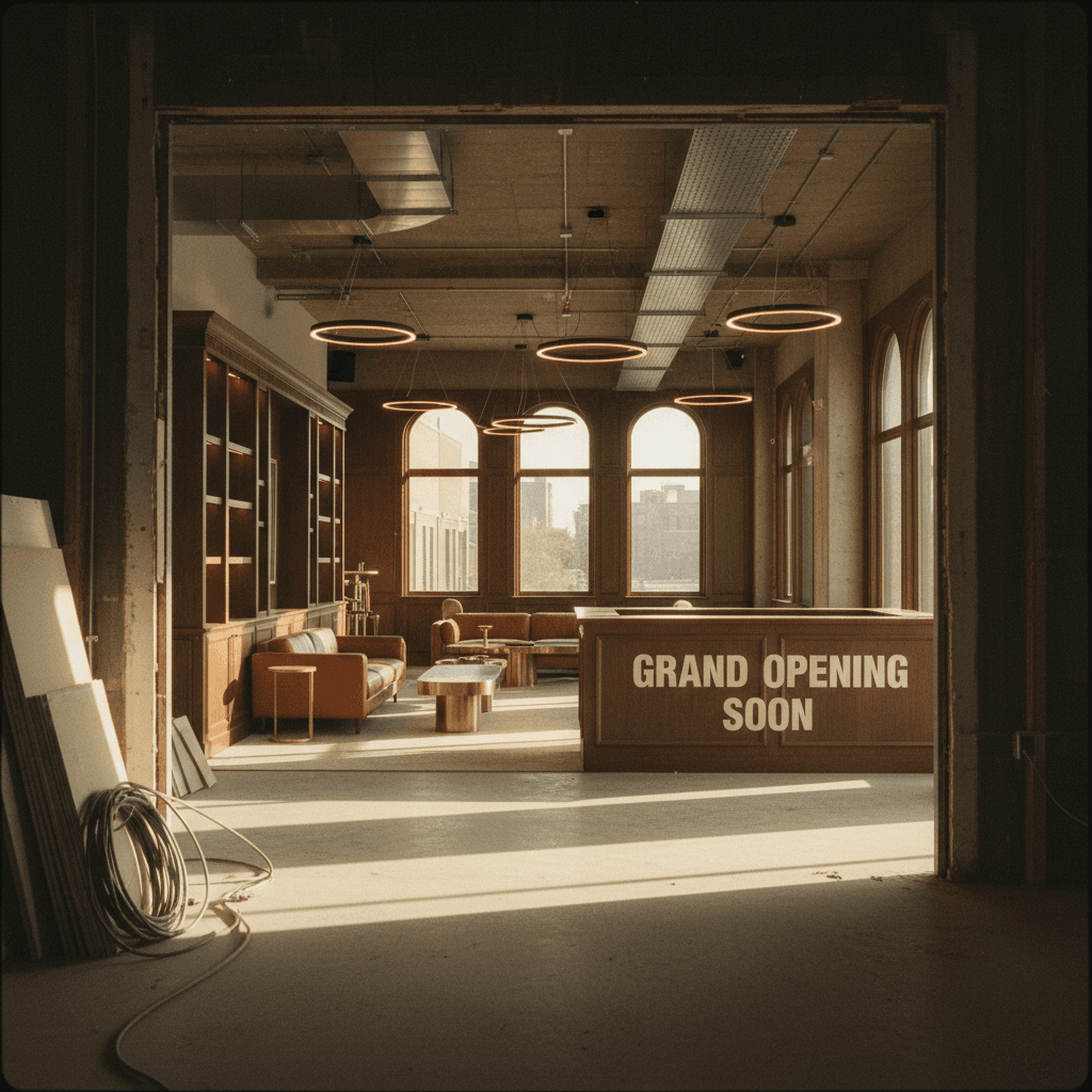 Completed commercial lounge space showcasing full-scope build-out