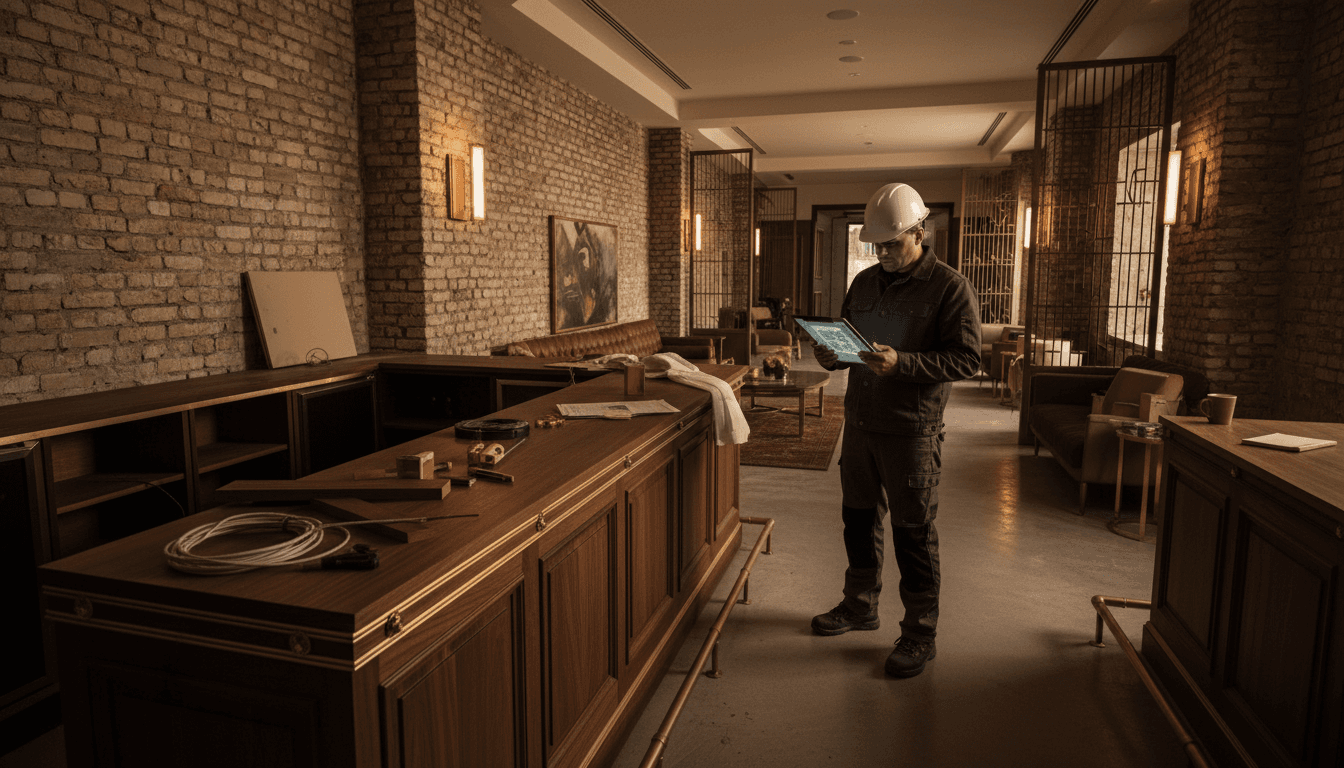 General contractor reviewing plans during high-end lounge interior build-out in progress